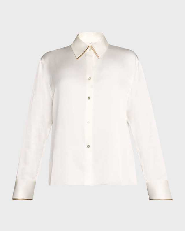 Tipped Slim Long-Sleeve Silk Blous