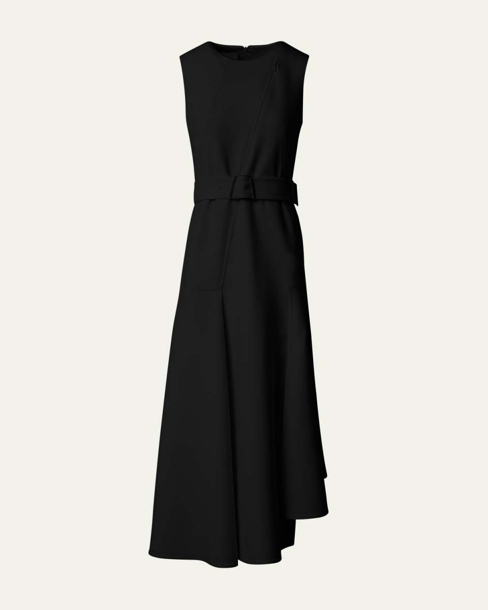 Asymmetric Pleated Wool Midi Dress with Belt