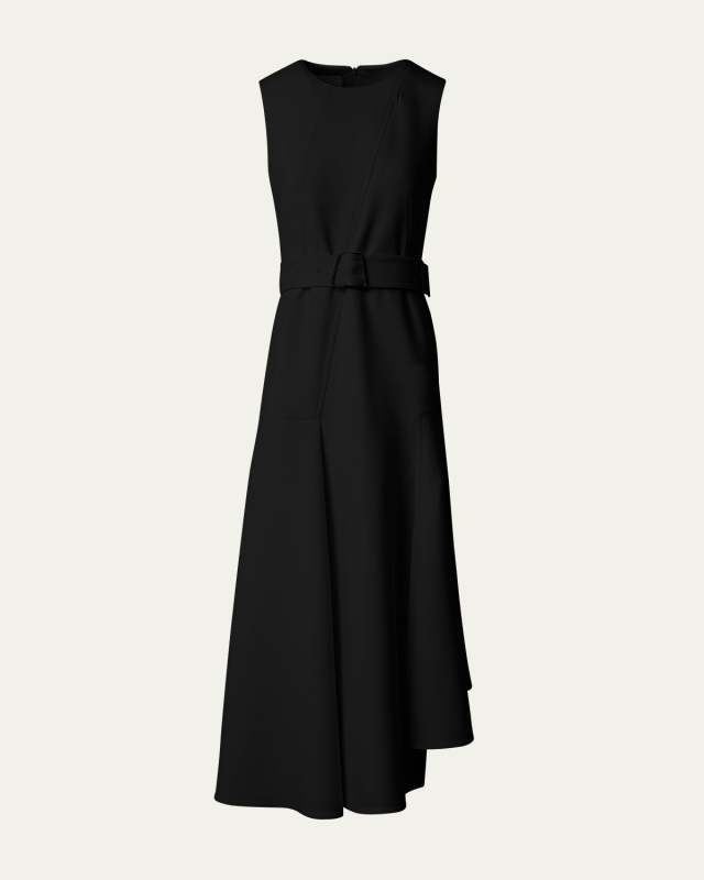 Asymmetric Pleated Wool Midi Dress with Belt