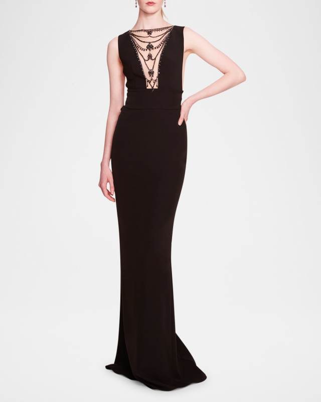 Jewel-Embellished Crepe Plunge Gown