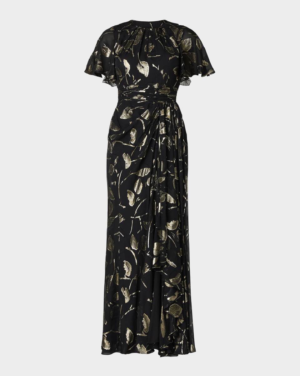 Flutter-Sleeve Metallic Leaf Gown