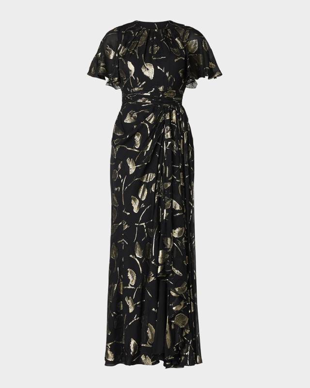 Flutter-Sleeve Metallic Leaf Gown
