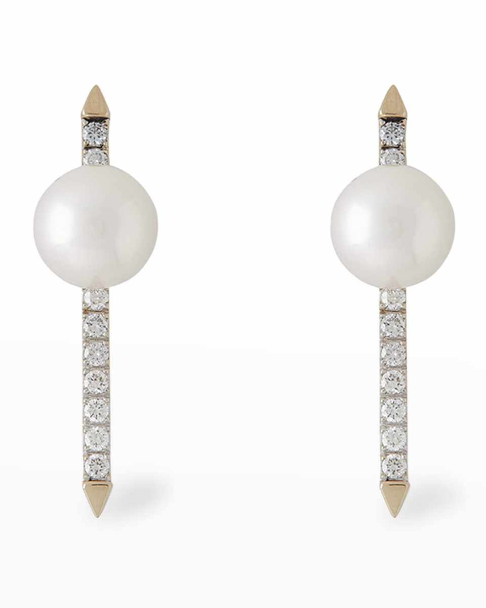 18K White Gold 8.5mm Akoya Pearl and Diamond Bar Earrings
