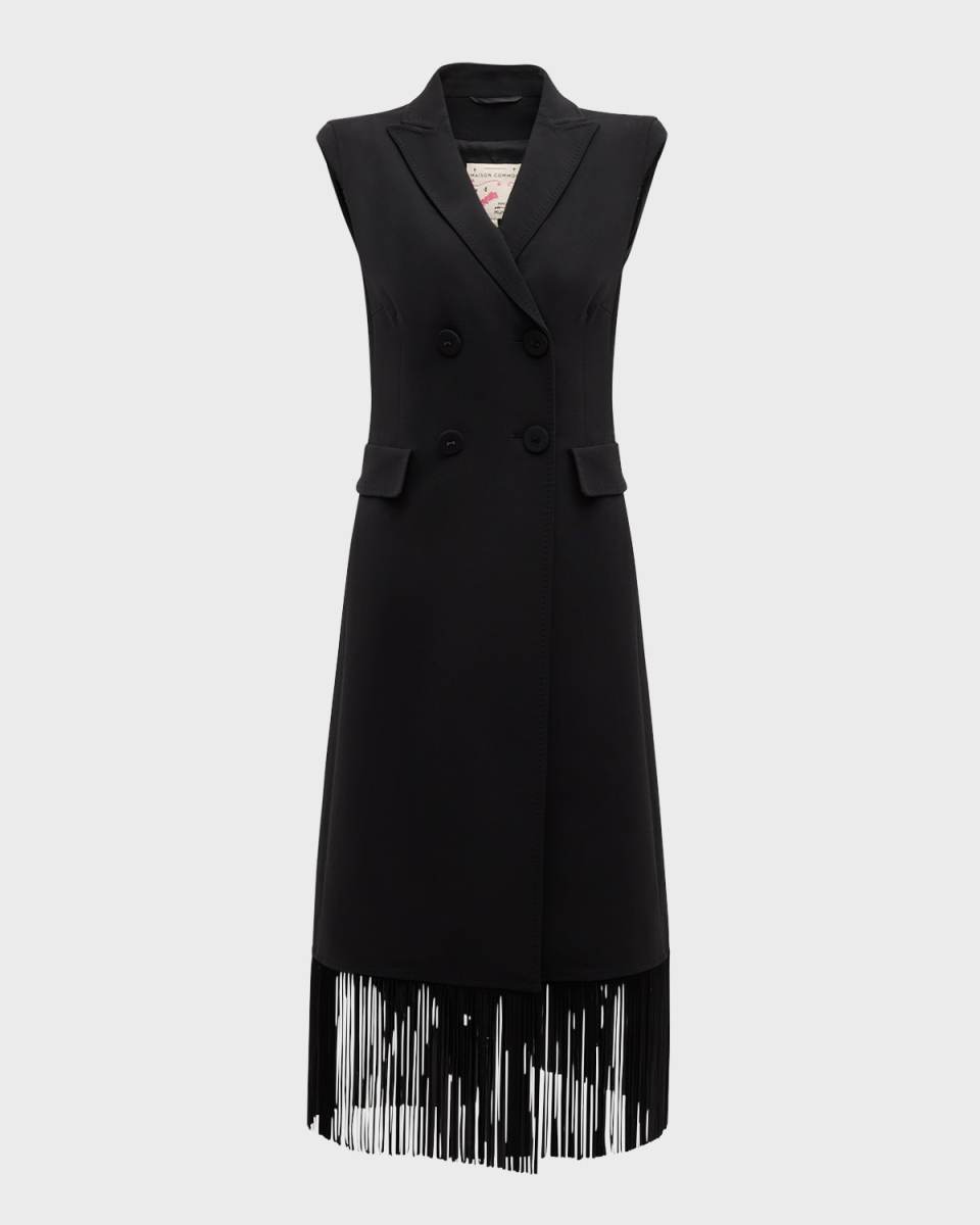 Wool Crepe Long Vest with Fringe Trim