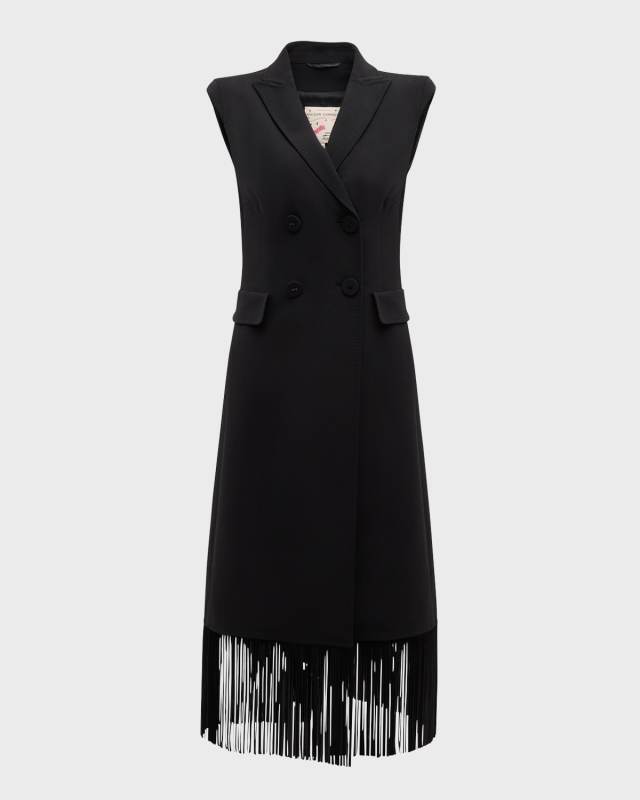 Wool Crepe Long Vest with Fringe Trim