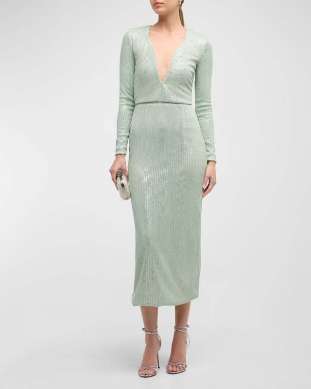 Plunging Long-Sleeve Reverse Paillette Knit Midi Dress