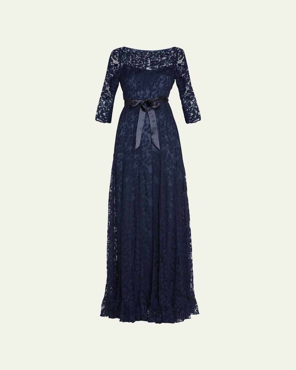 3/4-Sleeve Lace Overlay Gown