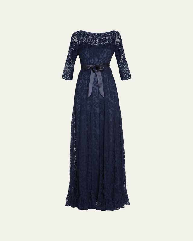 3/4-Sleeve Lace Overlay Gown