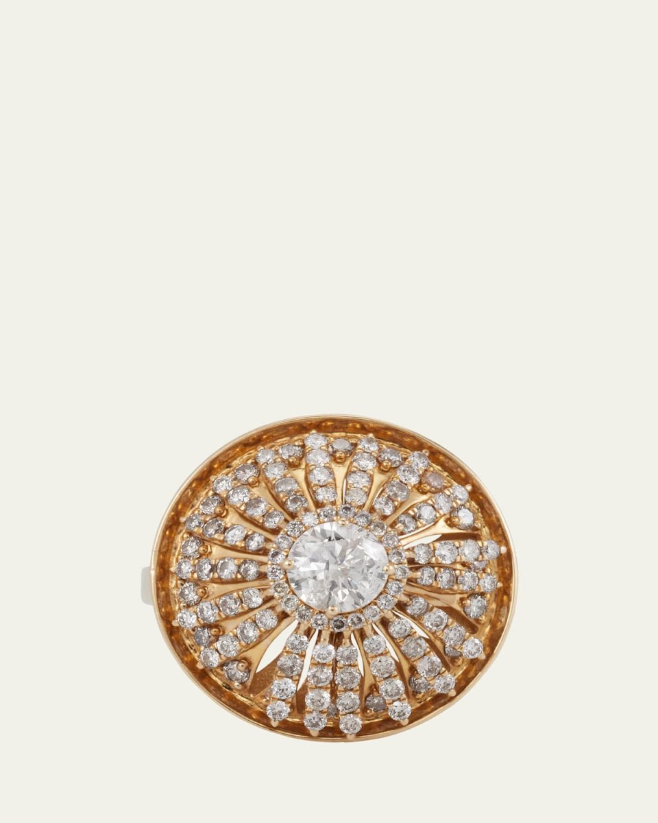 18K Yellow Gold Grass Palm Flower Ring with Diamonds