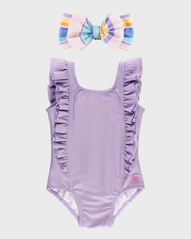 Girl's Seersucker Ruffle-Trim Swimsuit W/ Bow Headband, Size 3M-8