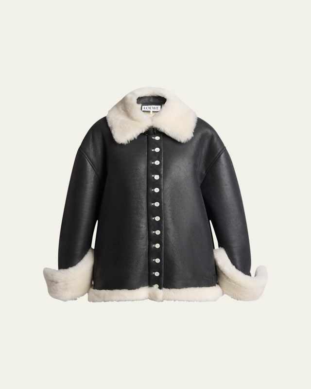 Leather Button-Front Jacket with Shearling Lining