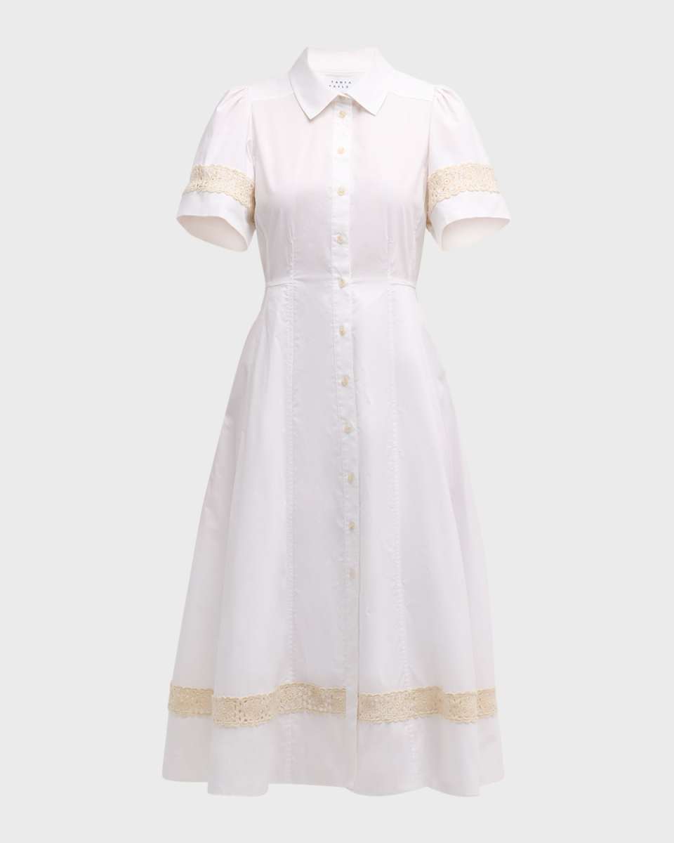 Carlton Short-Sleeve Crochet-Trim Midi Shirtdress