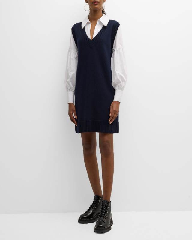 Teresita Cashmere Knit & Cotton Poplin Combo Mini Dress