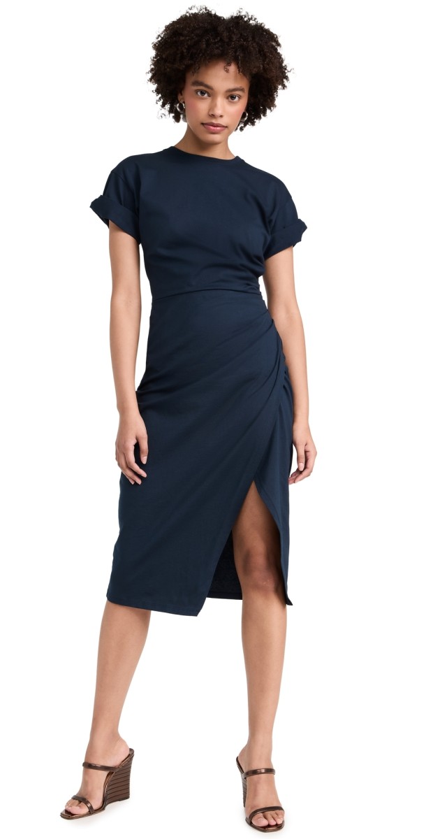 FRAME Faux Wrap Midi Dress Navy