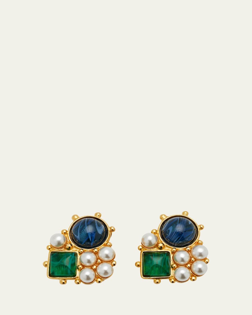 Gold Stone and Pearly Cluster Earrings