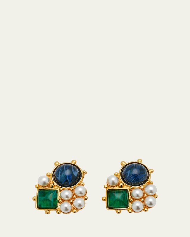 Gold Stone and Pearly Cluster Earrings