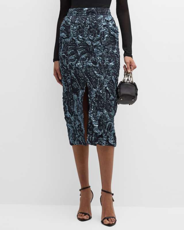 Metallic Marine Jacquard Midi Skirt