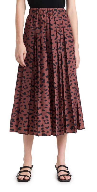 Tibi Recycled Sporty Nylon Cheetah Pleated Pullon Skirt Brown Multi