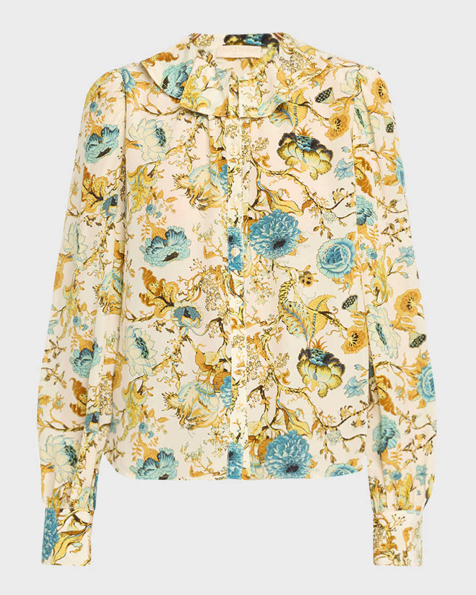 Veron Floral Silk Ruffle-Collar Blouse