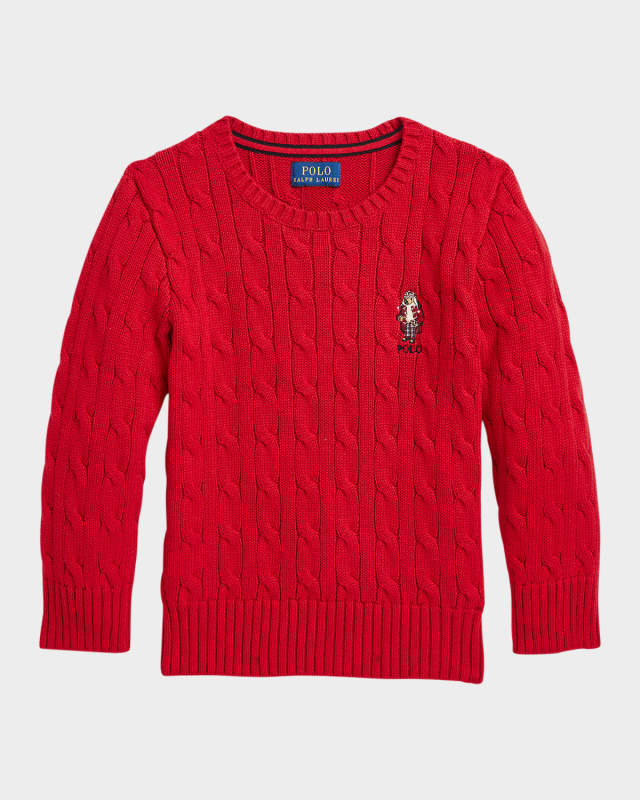 Boy's Cable Knit Sweater W/ Embroidered Mascot, Size S-X