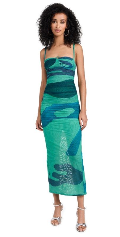 SIR. Frankie Gathered Midi Dress Emerald Reflection