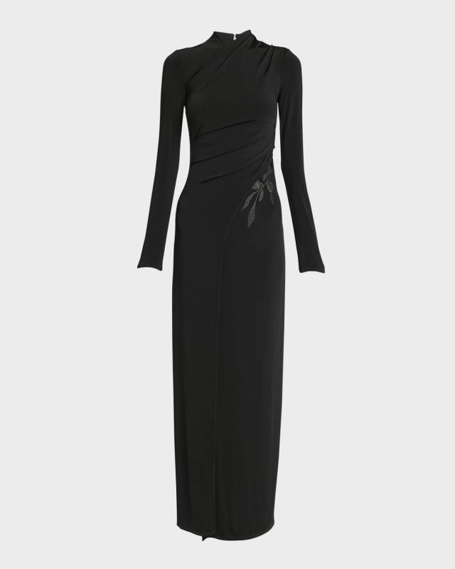 Jersey Column Gown with Beaded Floral Hip Detail