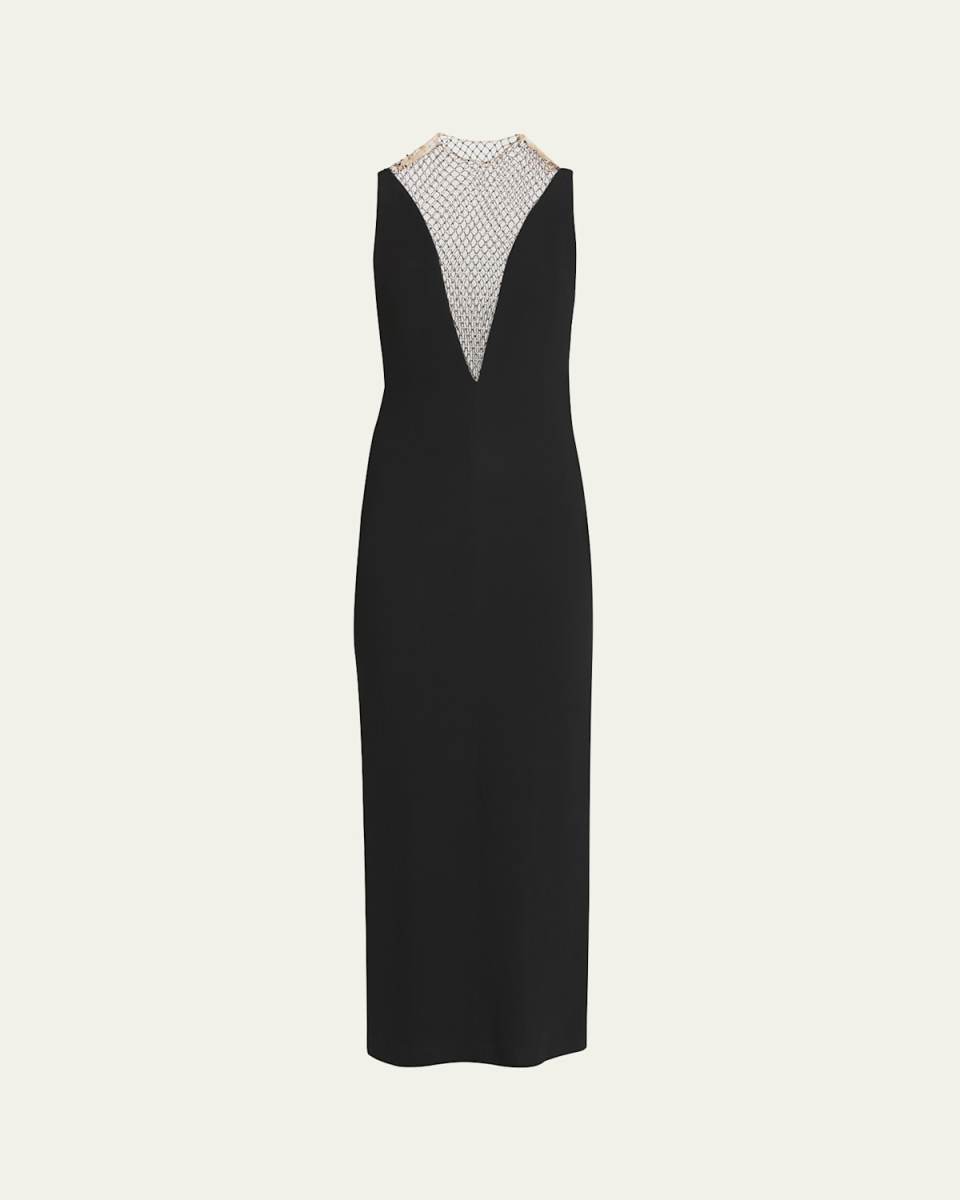 Deep V-Neck Gown with Rhinestone Netting