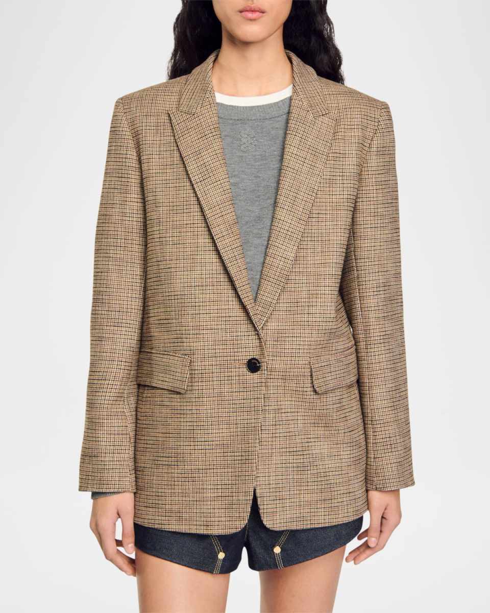 Ginna Single-Breasted Micro Houndstooth Blazer