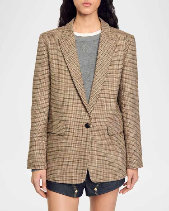 Ginna Single-Breasted Micro Houndstooth Blazer
