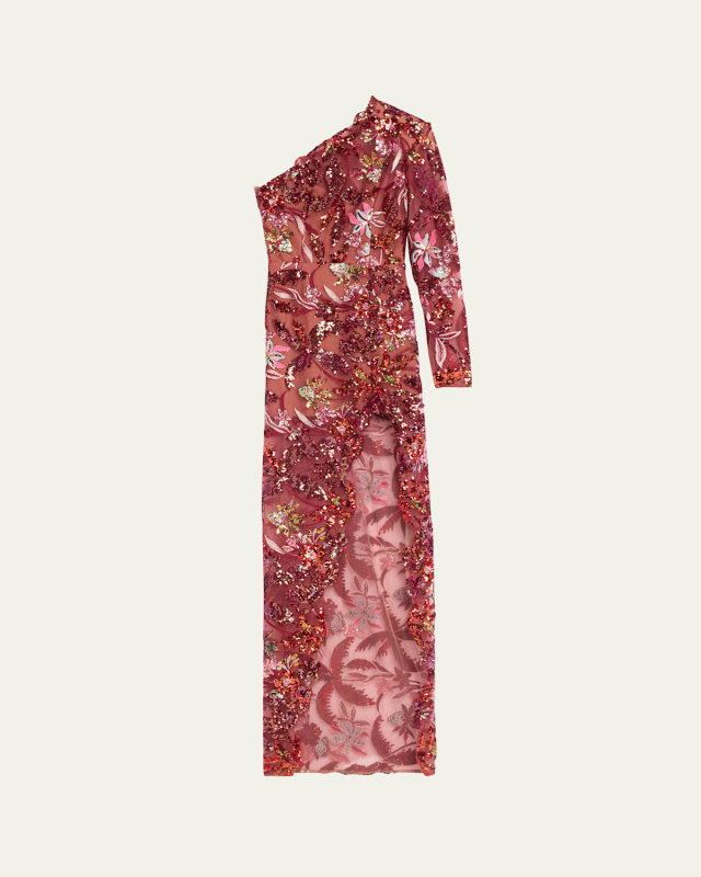 Tokyo One-Shoulder Sequin Embroidered Gown