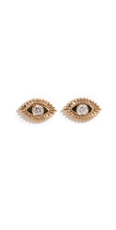 EF Collection 14k Gold & Diamond Evil Eye Protection Studs Yellow Gold