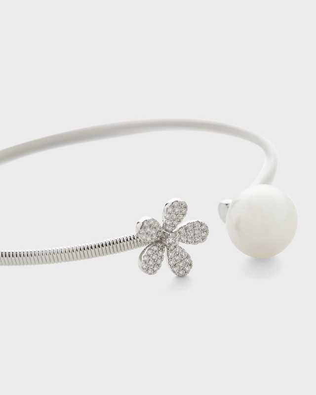 18K White Gold 10.5mm South Sea Pearl and Pave Diamond Flower Bracelet