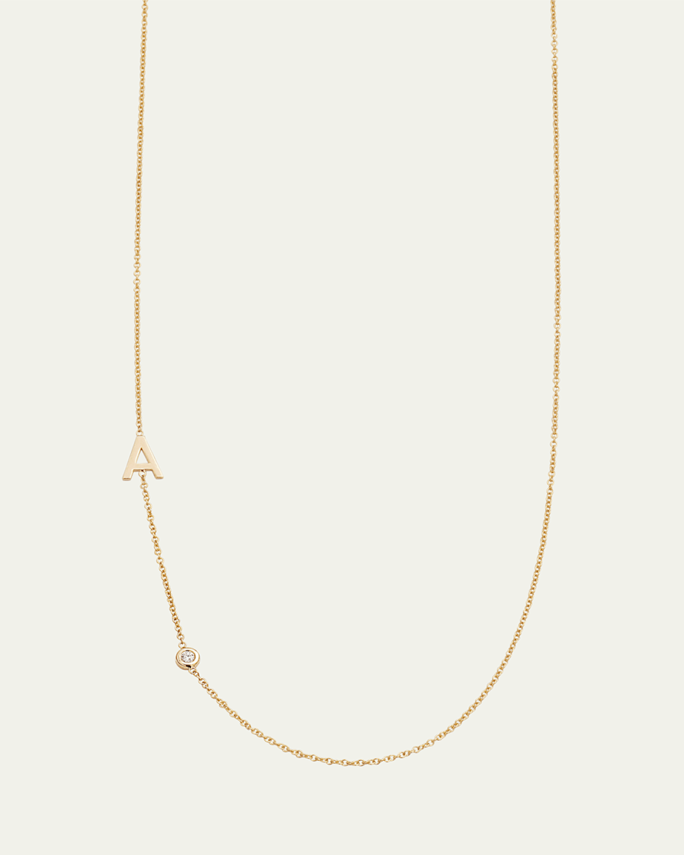 14K Gold Asymmetrical Initial and Bezel Diamond Necklace, 16-18"L