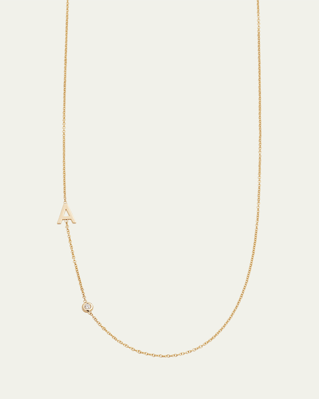 14K Gold Asymmetrical Initial and Bezel Diamond Necklace, 16-18"L