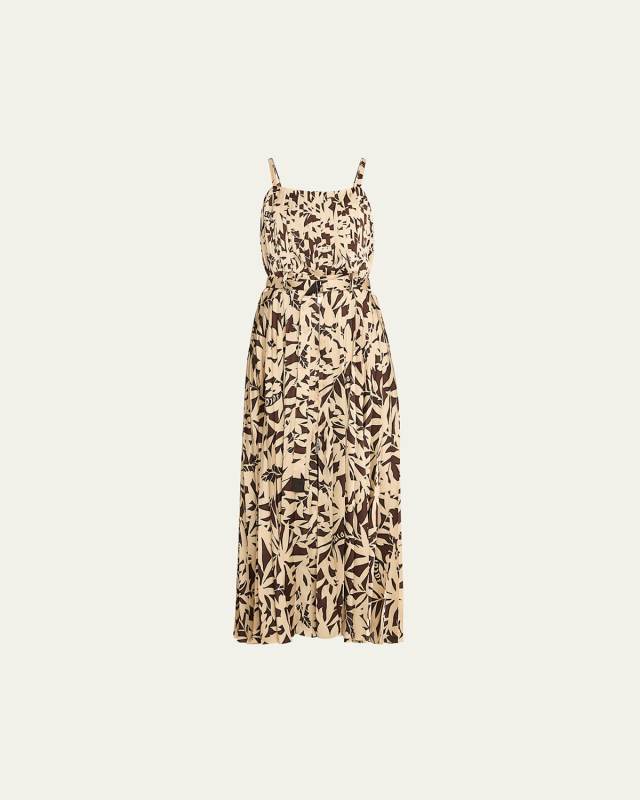 Leaf-Print Pleated Maxi Dress with Belt