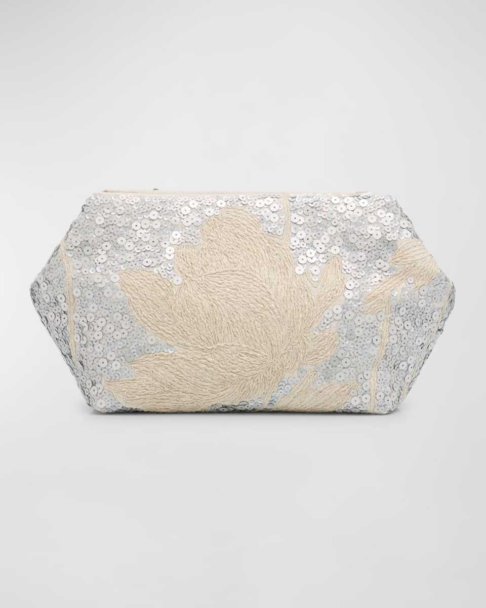 Sequined Magnolia-Print Clutch Bag
