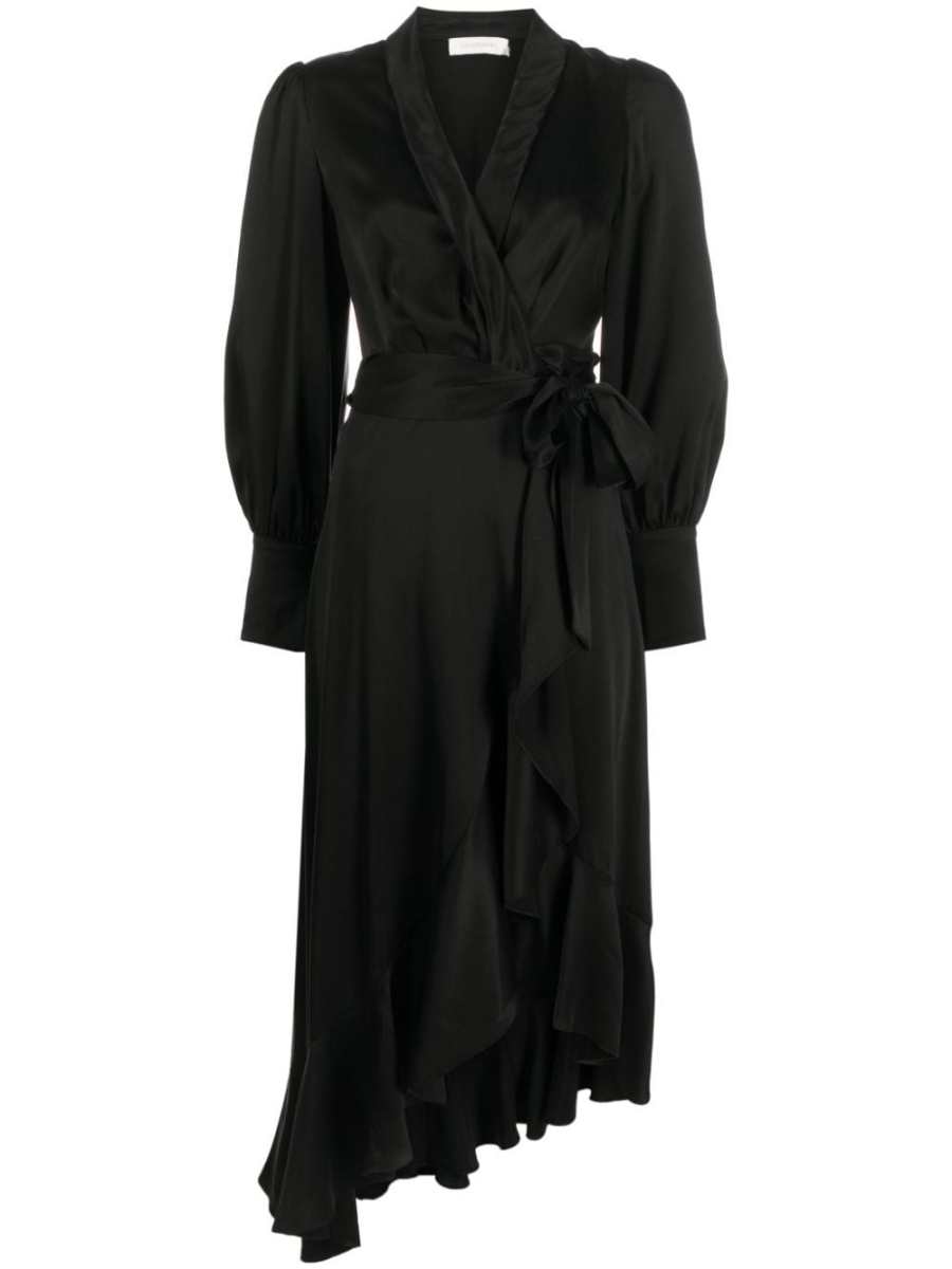 long-sleeve wrap silk midi dress