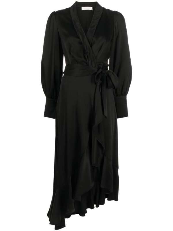 long-sleeve wrap silk midi dress