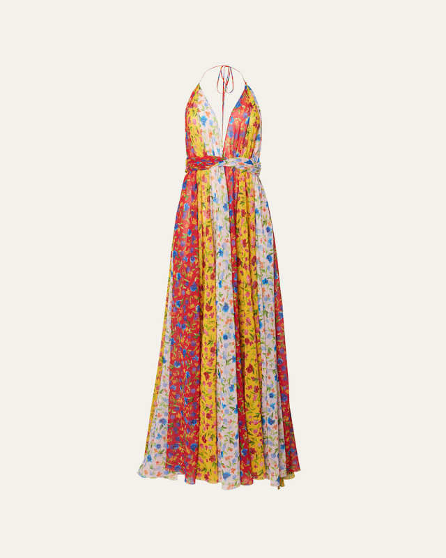 Floral Paneled Halter-Neck Open-Back Gown
