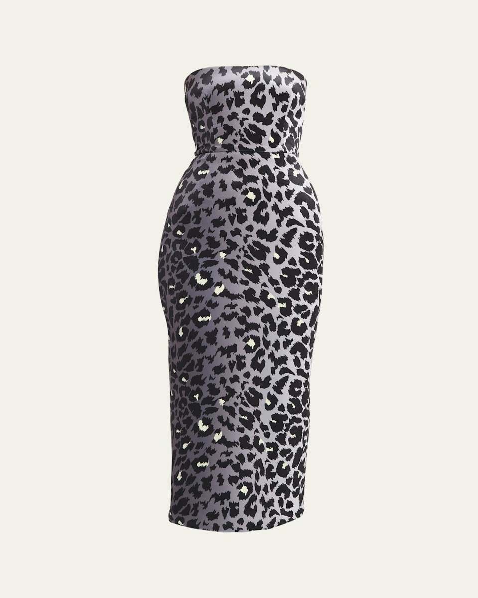 Printed Velvet Strapless Midi Dress