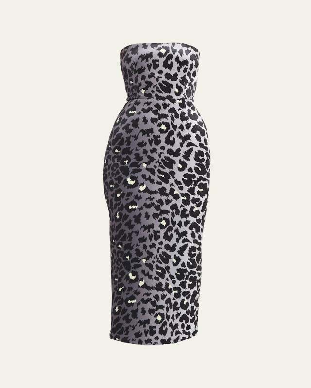 Printed Velvet Strapless Midi Dress