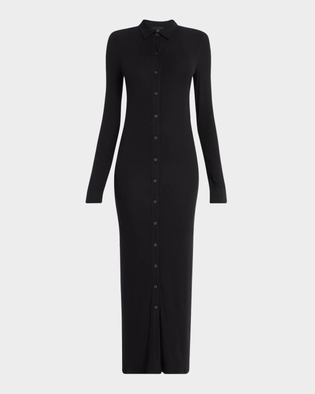 Modal Rib Long-Sleeve Maxi Shirtdress