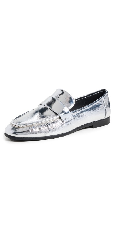 Black Suede Studio Arrow Flats Silver Crinkle Leather