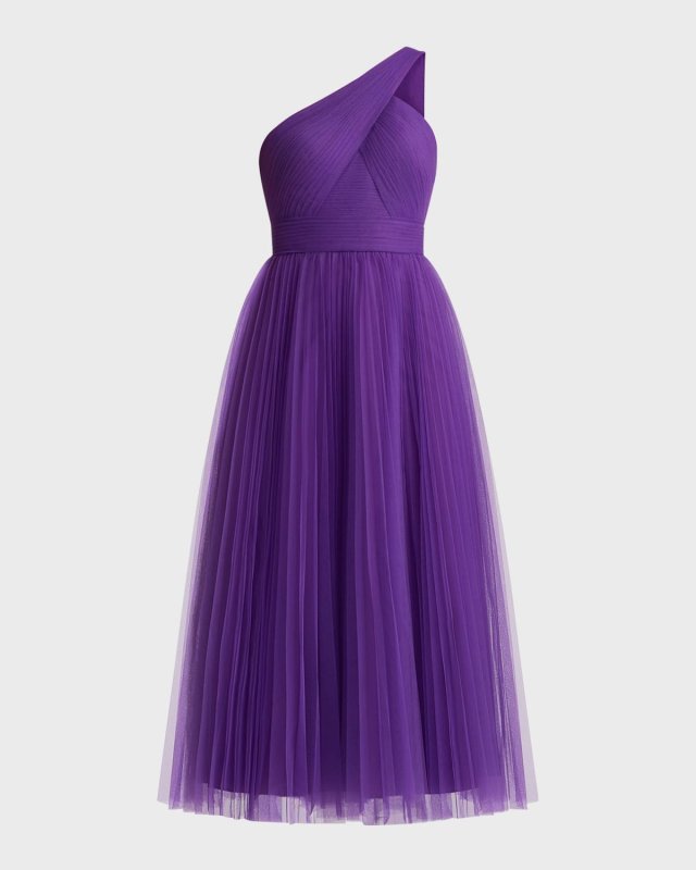 One-Shoulder Pleated Tulle Midi Dress