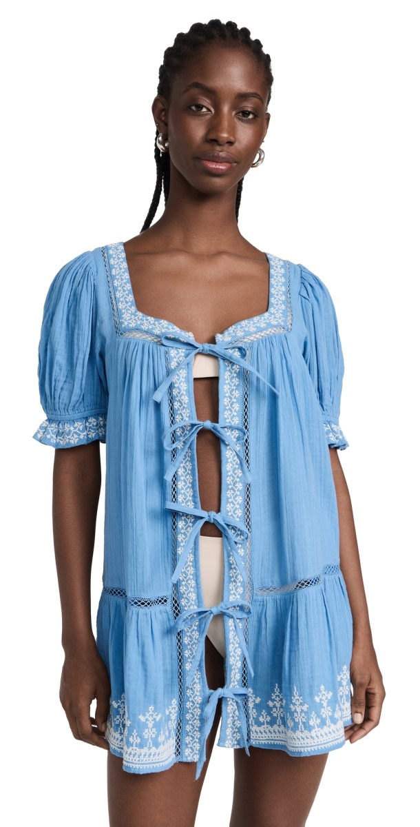 Sea Brice Solid Smocked Puff Sleeve Tie Front Dress Periwinkle