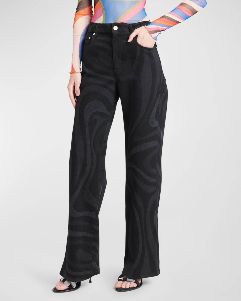 High-Rise Wavy-Print Straight-Leg Denim Trousers