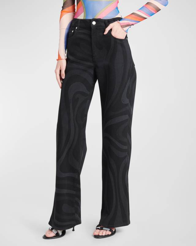 High-Rise Wavy-Print Straight-Leg Denim Trousers