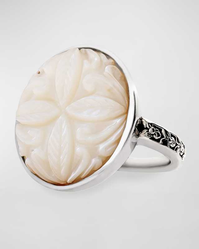 Carved White Mother-of-Pearl Flower Ring in Sterling Silver