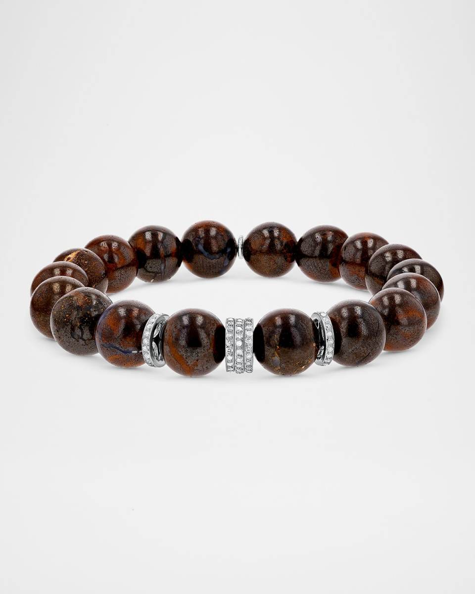 Boulder Opal 10mm Bracelet with 5 Pave Diamond 8mm Rondelles
