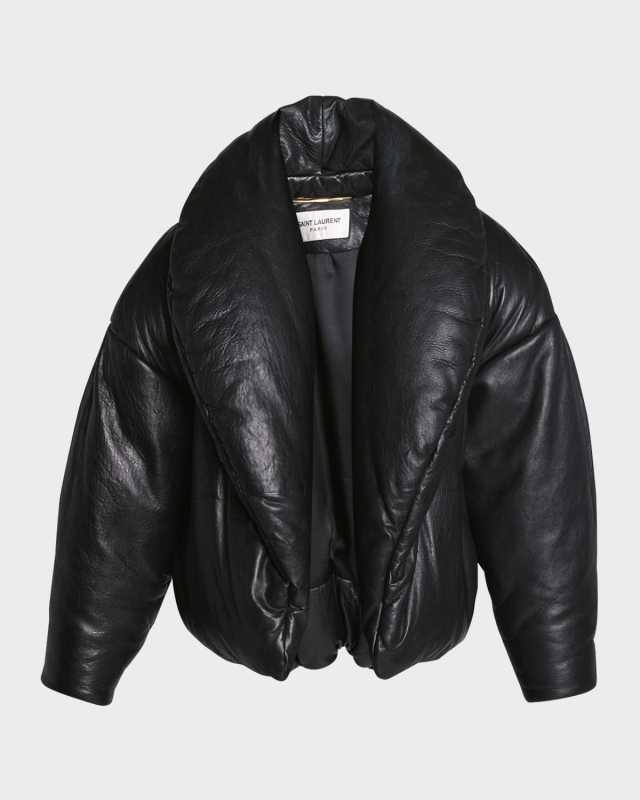 YSL Logo Leather Puffer Coat
